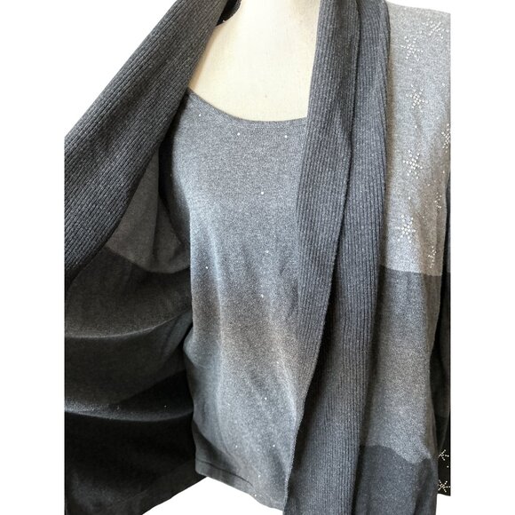 The Quaker Factory Christmas Cardigan Snowflake Rhinestone 2 /1 Gray Sweater XL - Picture 3 of 7